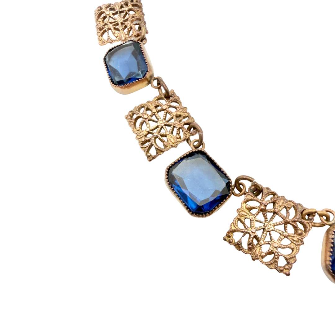 20s-30s Sapphire Blue Czech Glass Filigree Necklace