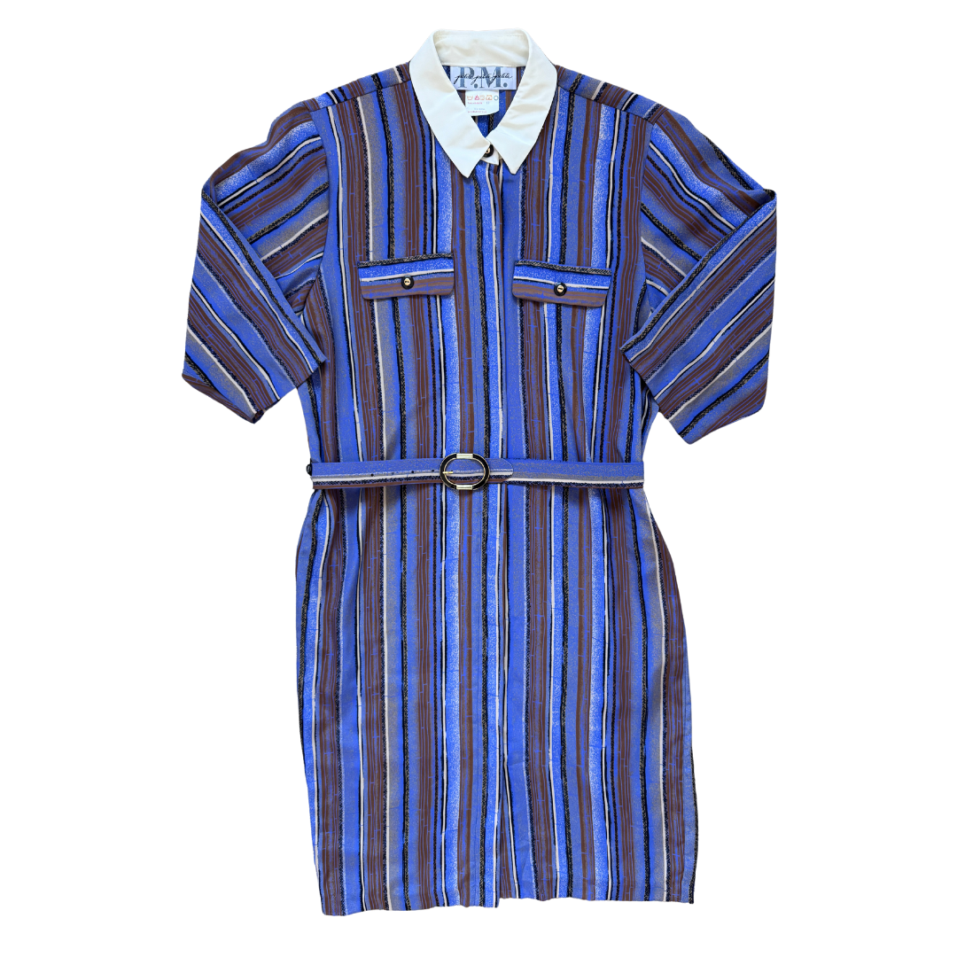 Striped Collared Shirt Dress with Ornate Belt | Medium