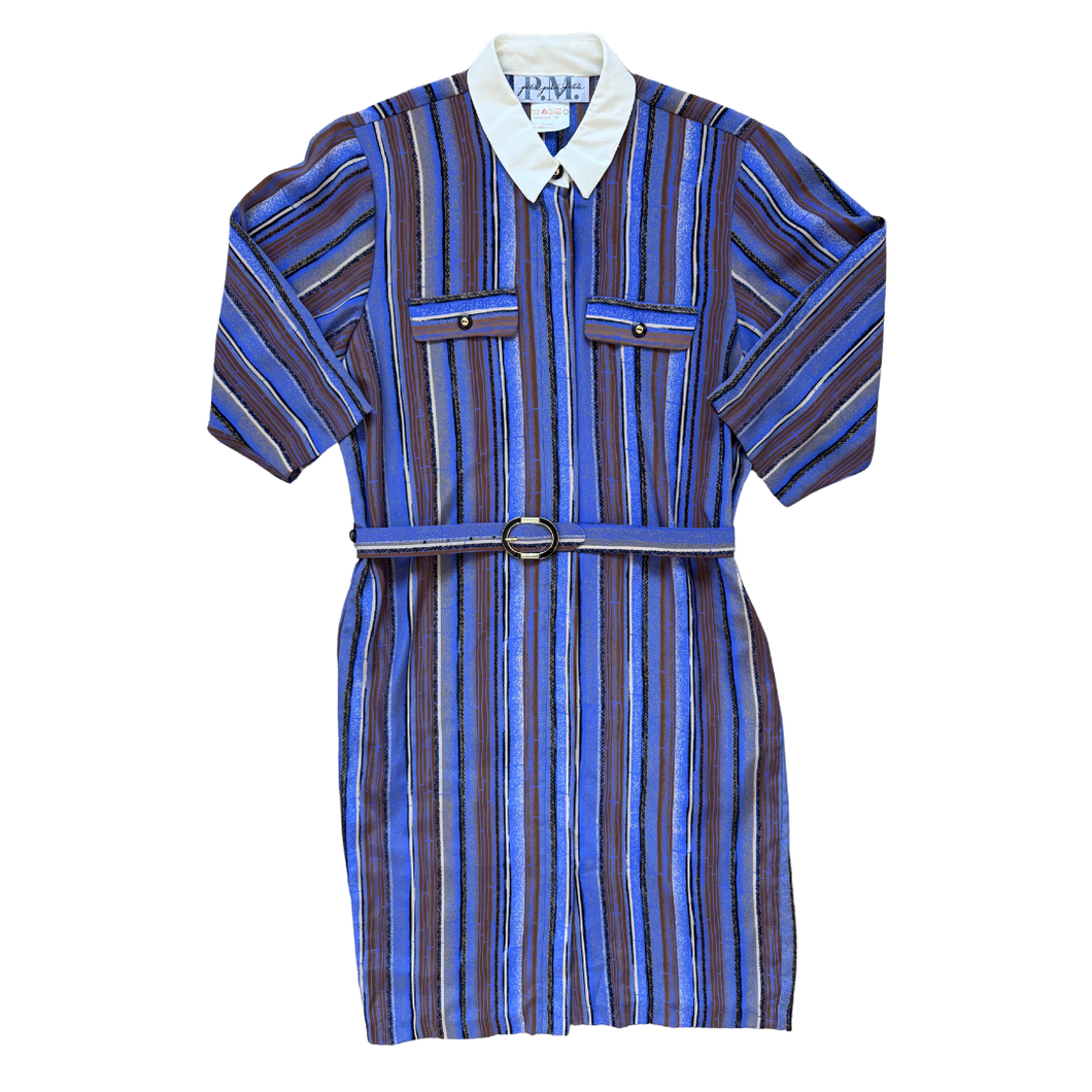 Striped Collared Shirt Dress with Ornate Belt | Medium