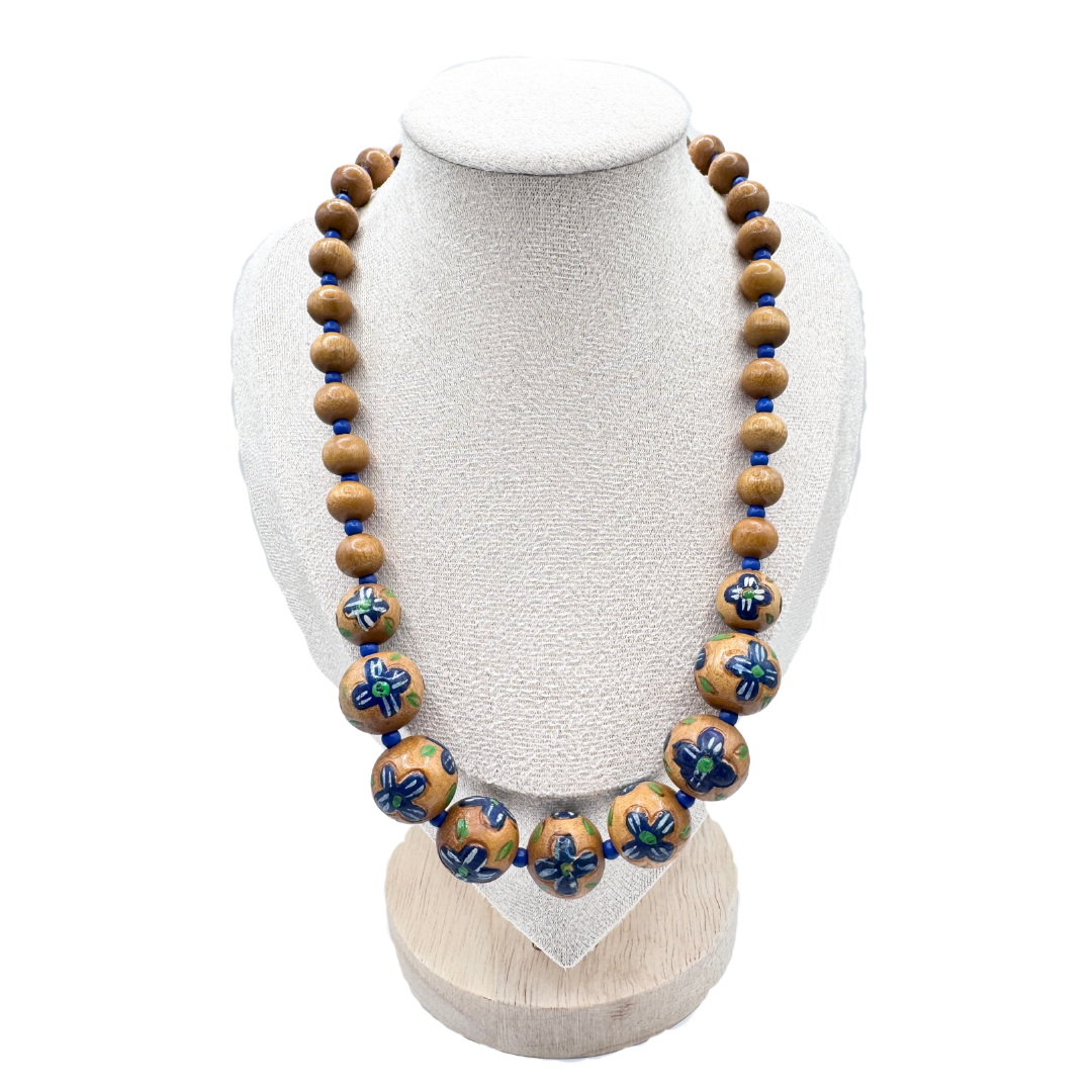 Upcycled Blue Floral Wood Beaded Necklace