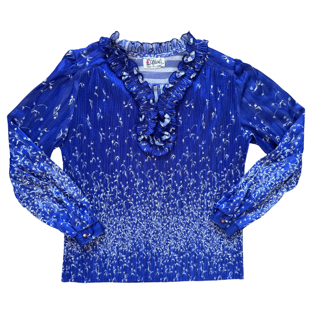 D'Allaird's Blue Ruffled Neck Pleated Floral Blouse | Medium