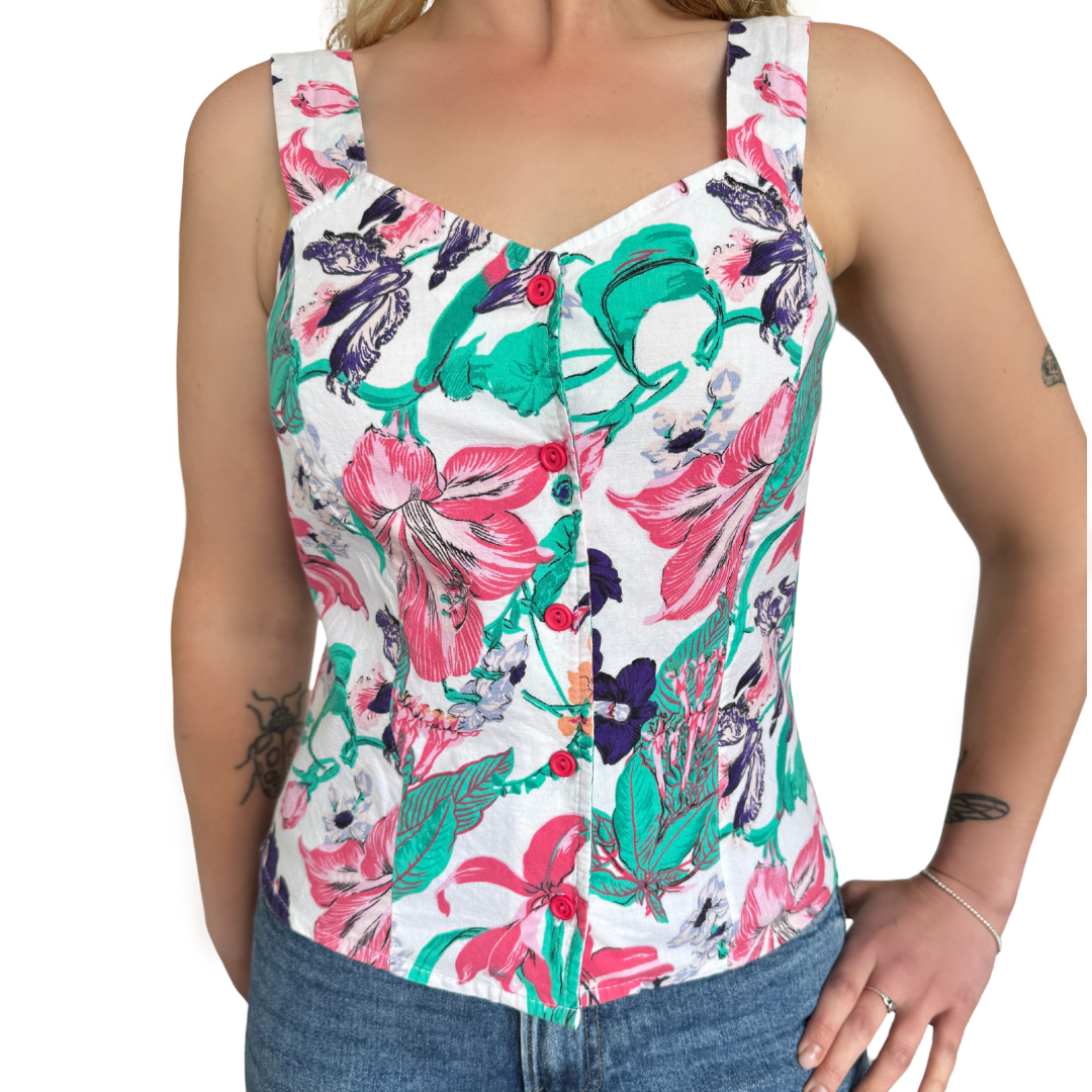 Structured Pink and Purple Floral Print Tank Top | Extra-Small