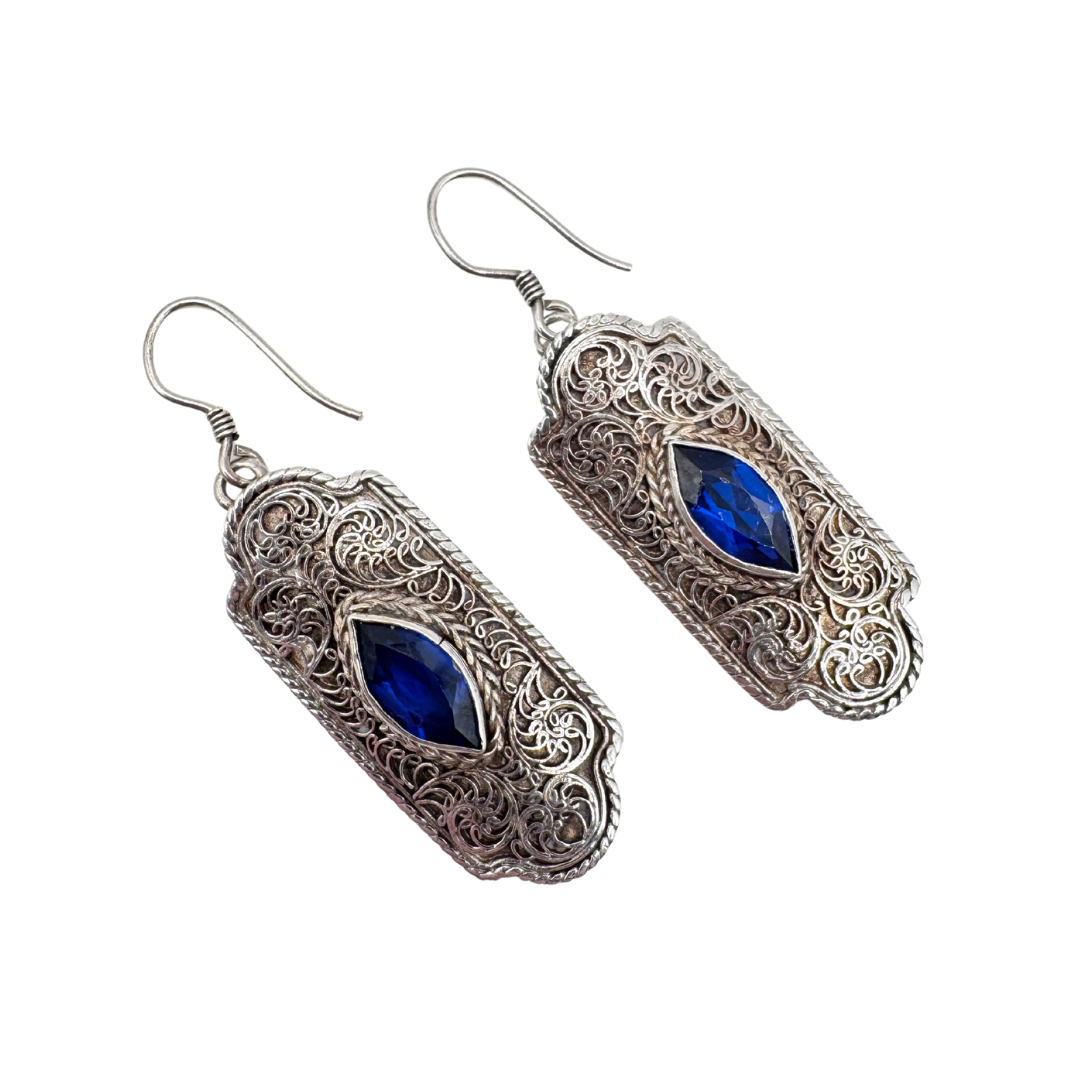 Vintage Sterling Silver Filigree Sapphire Earrings