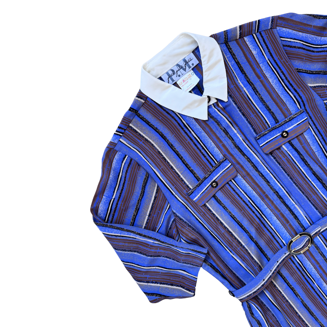 Striped Collared Shirt Dress with Ornate Belt | Medium