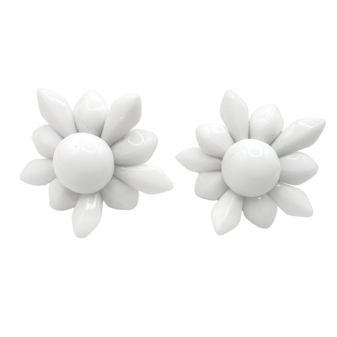 Rare Vintage Western Germany White Milk Glass Floral Bead Screw-back Earrings