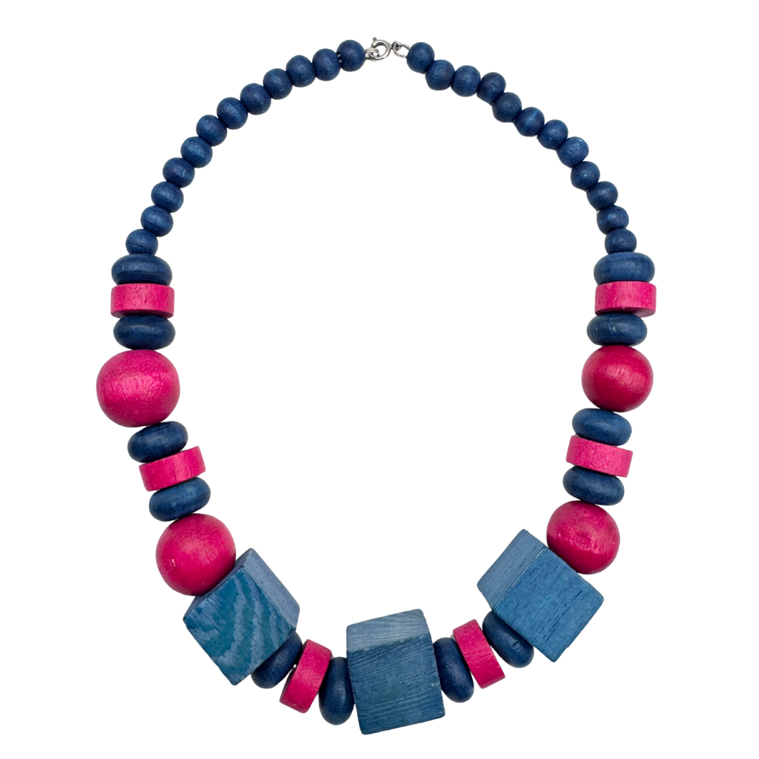 Upcycled Pink and Blue Chunky Wood Beaded Necklace