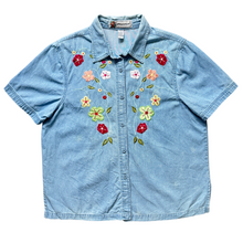 Load image into Gallery viewer, Vintage 1980s-1990s Passion Short Sleeve Denim Shirt With Bright Floral Appliqué | Extra-Large
