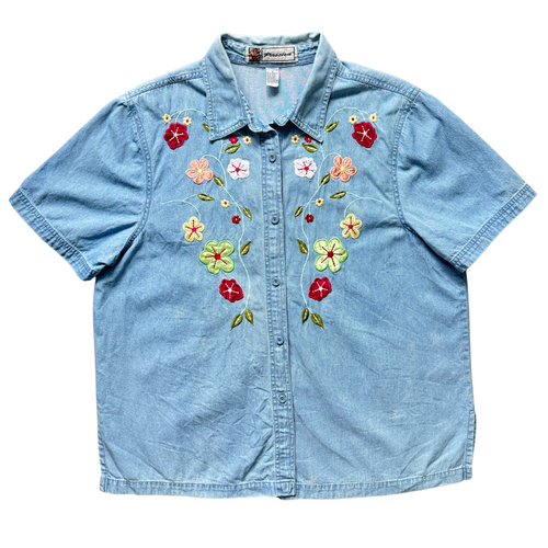 Vintage 1980s-1990s Passion Short Sleeve Denim Shirt With Bright Floral Appliqué | Extra-Large