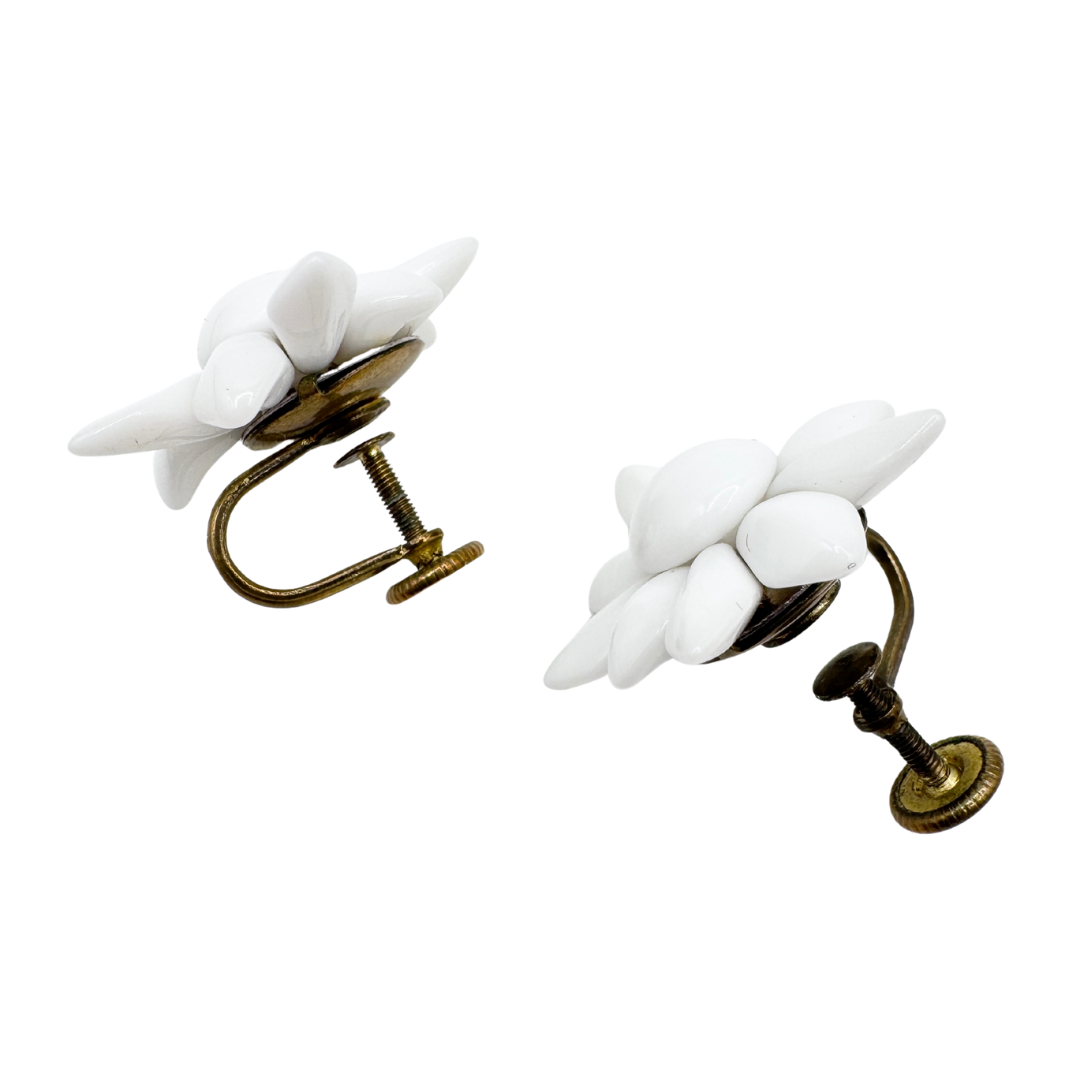 Western Germany White Milk Glass Floral Bead Screw-back Earrings