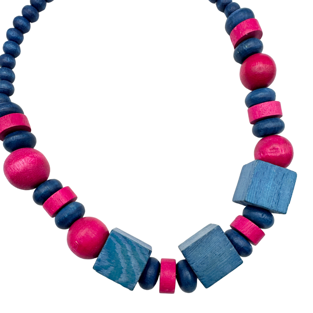 Upcycled Pink and Blue Chunky Geometric Wood Beaded Necklace
