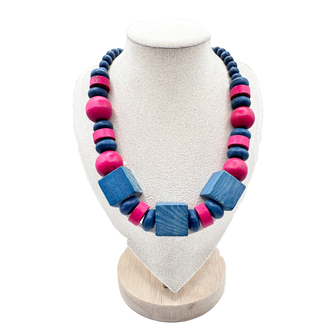Upcycled Pink and Blue Chunky Geometric Wood Beaded Necklace