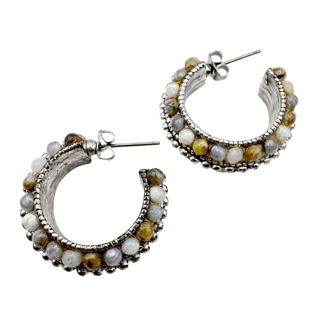 Vintage 1990s Chunky Silver Semi-Hoop Earrings with Inset Stone Beads