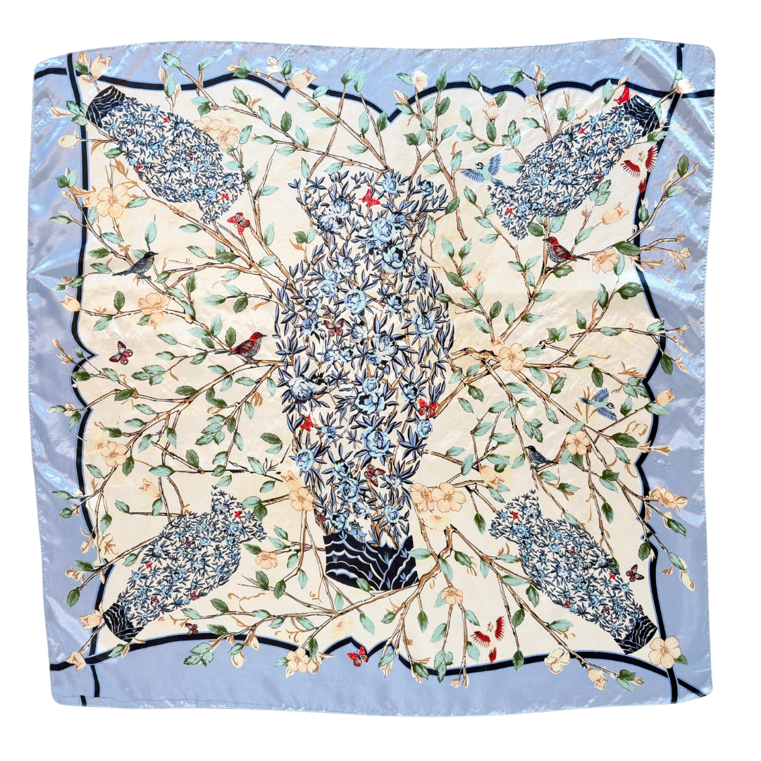 35.5" Long x 35.5" 100% polyester Square Scarf with Florals and Birds