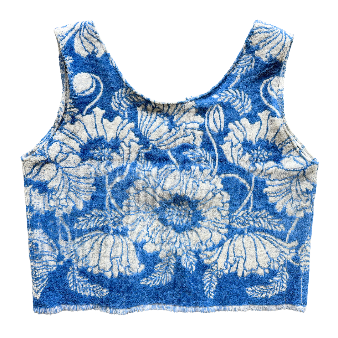 Recycled Blue and White Floral Tie-Front Towel Vest | Medium