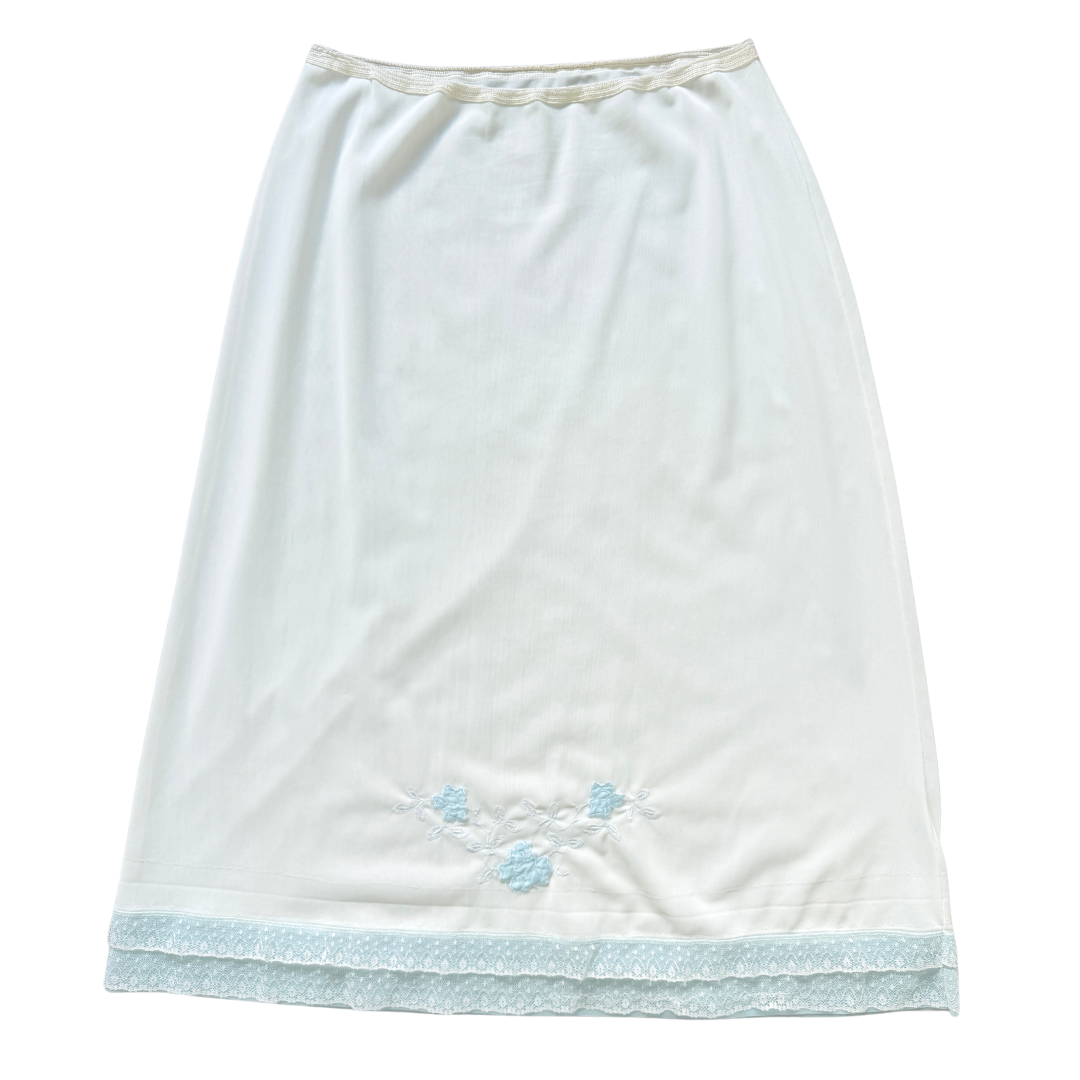 Vintage 70s Luxite by Kayser White Slip Skirt with Blue Floral Applique | Large