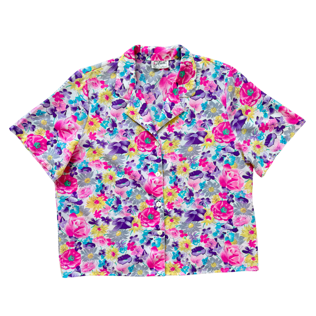 Vintage 70s - 80s D'Allaird's Bright Pink and Purple Floral Blouse | Extra-Large