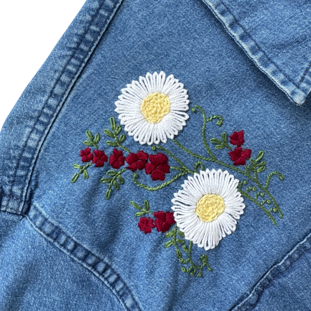 Men's Upcycled Daisy and Red Flowers Hand Embroidered Denim Shirt | Large