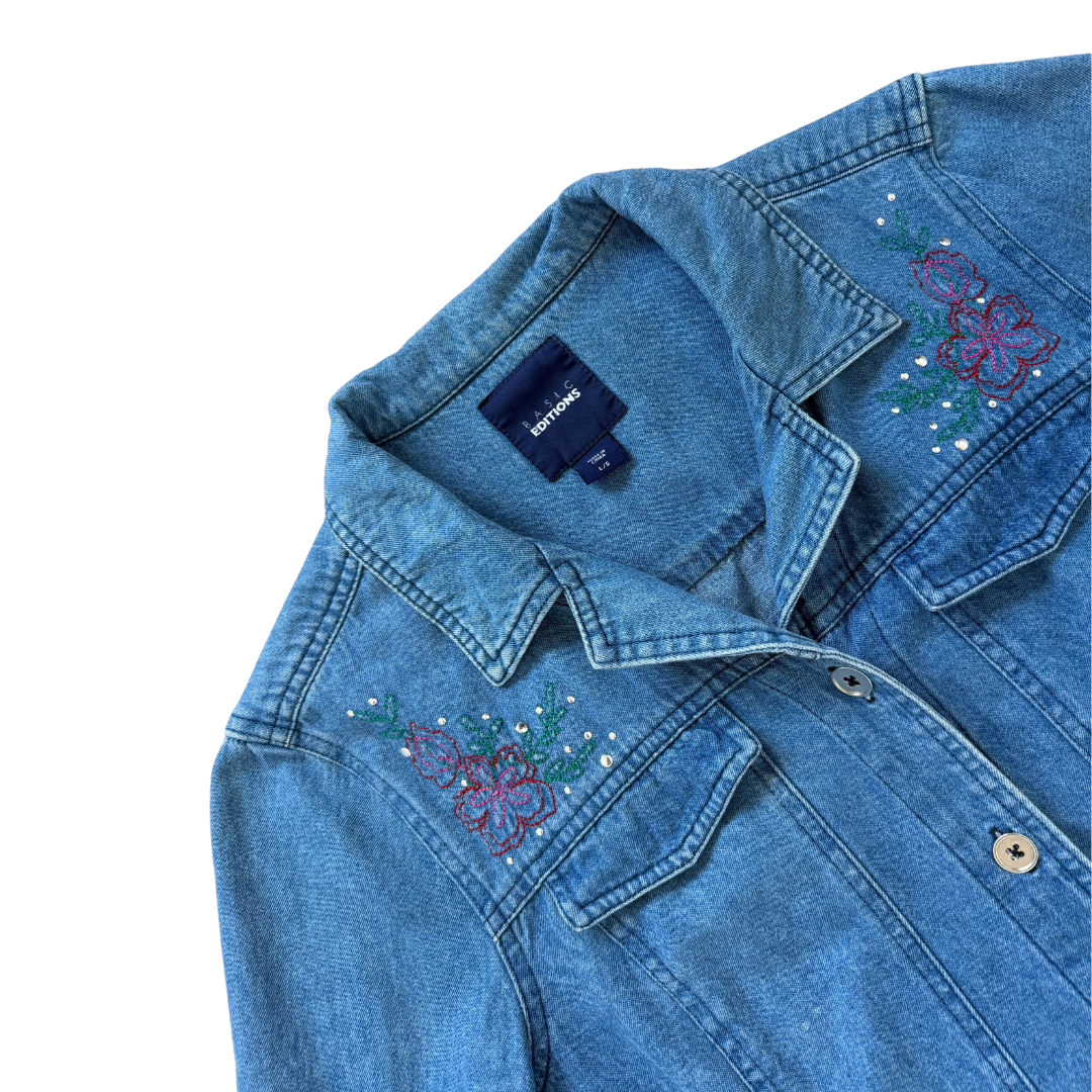 Basic Editions Light Wash Denim Jacket with Floral Embroidery | Large