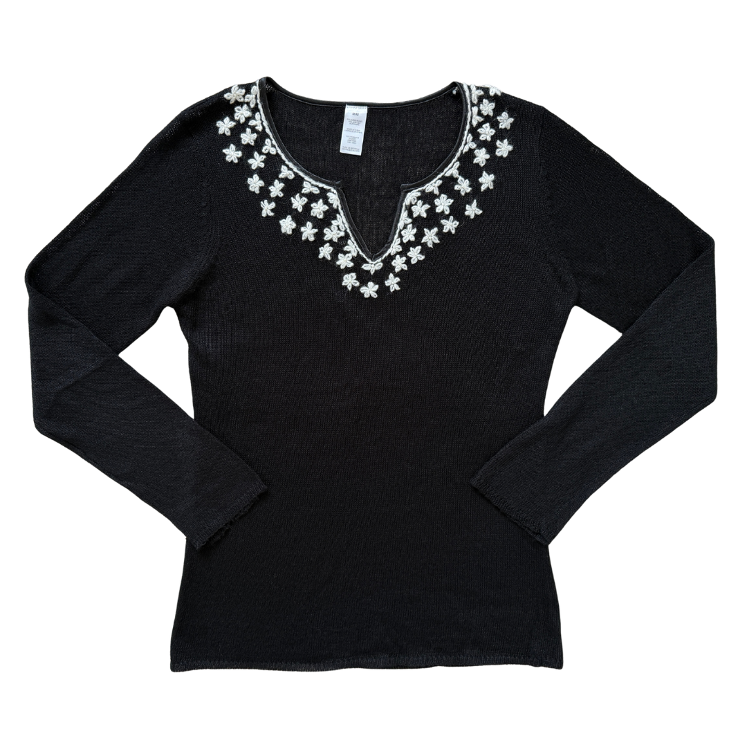 Black Ramie Blend Sweater with White Embroidered Flowers | Medium