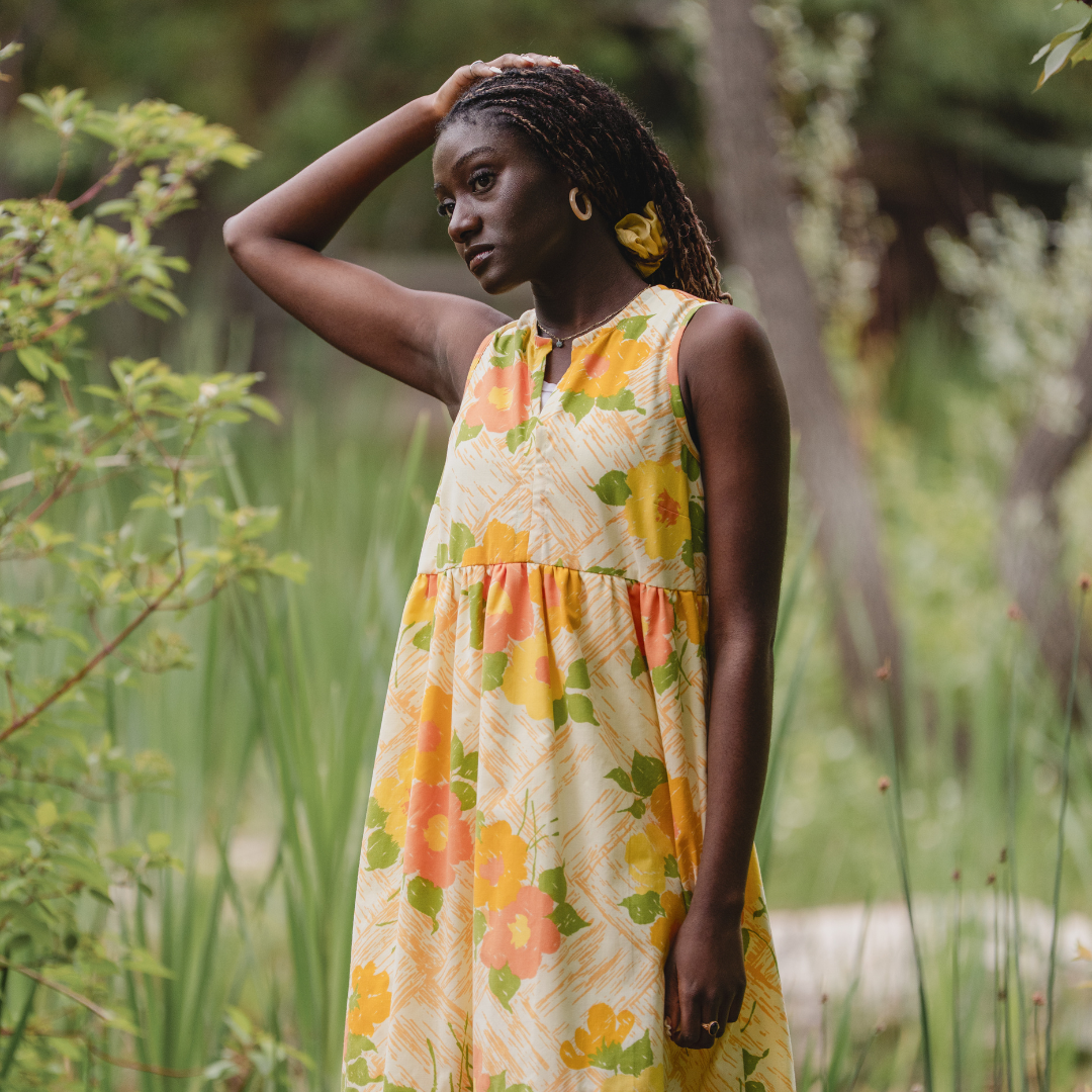 Recycled Bold Yellow and Orange Floral Ruffled Midi Play Dress