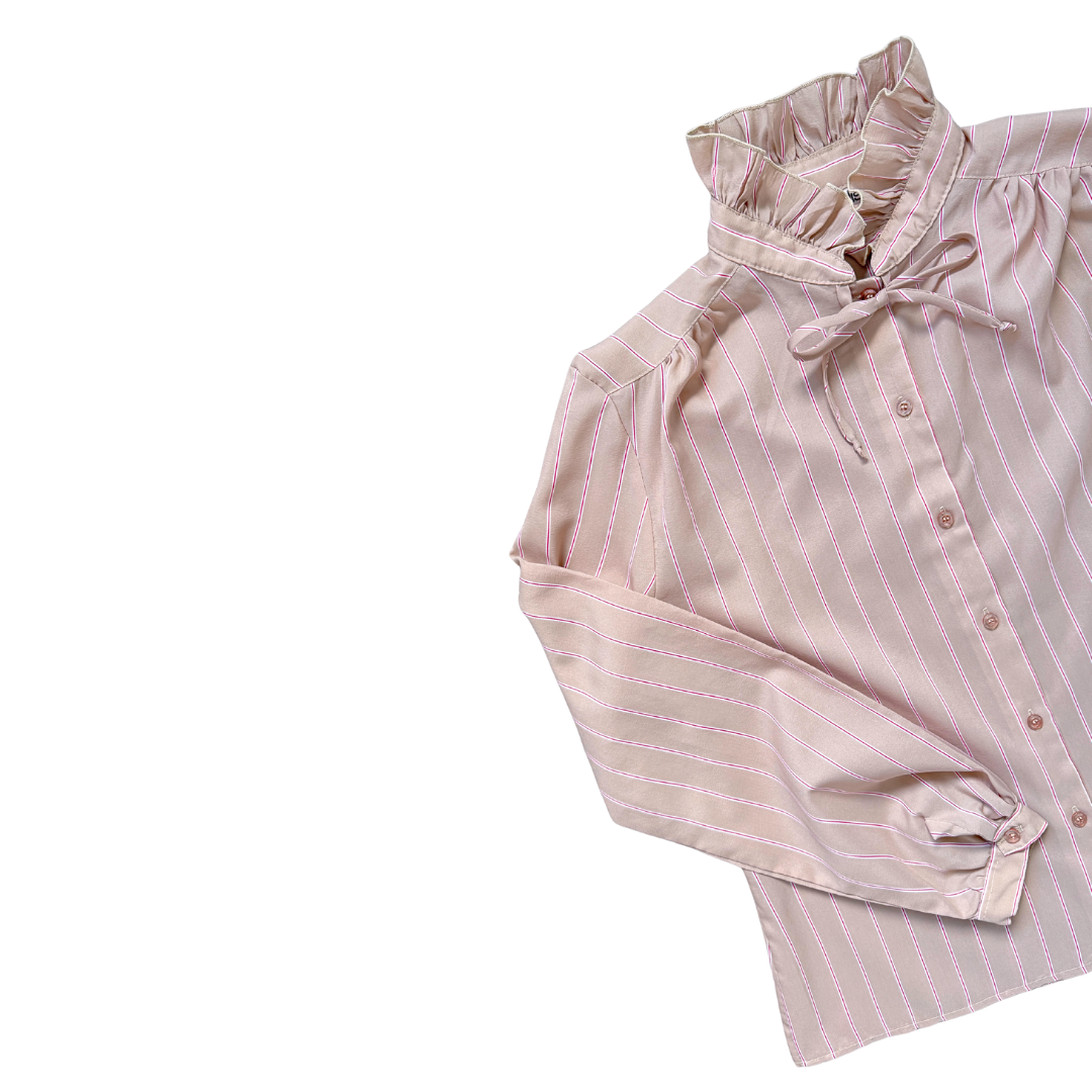 Chablis Beige and Red Striped Ruffle Collar Blouse | Medium