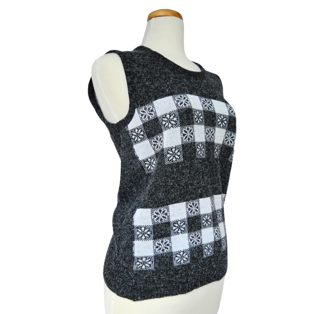 Gray and White Checkered Daisy Vest | Small-Medium