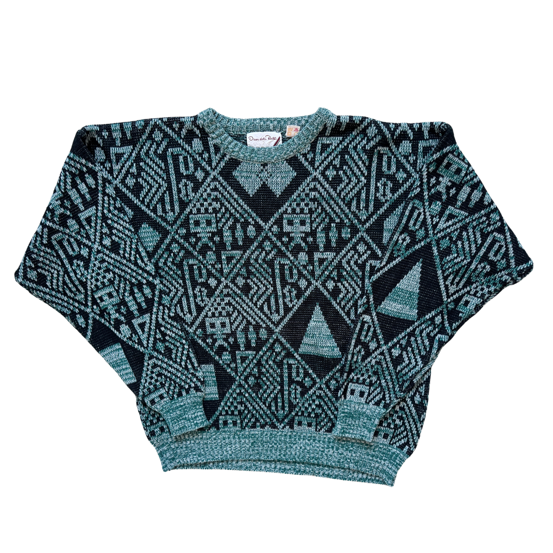 Vintage 1980s Men's Oscar De La Renta Green and Black Abstract Sweater | Large
