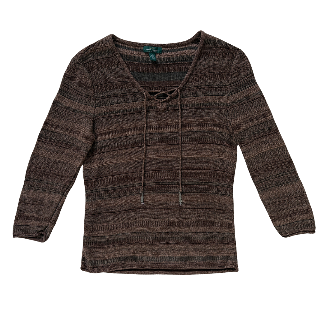 Vintage Y2K Ralph Lauren Brown Stripe Lace-Up Sweater | Small