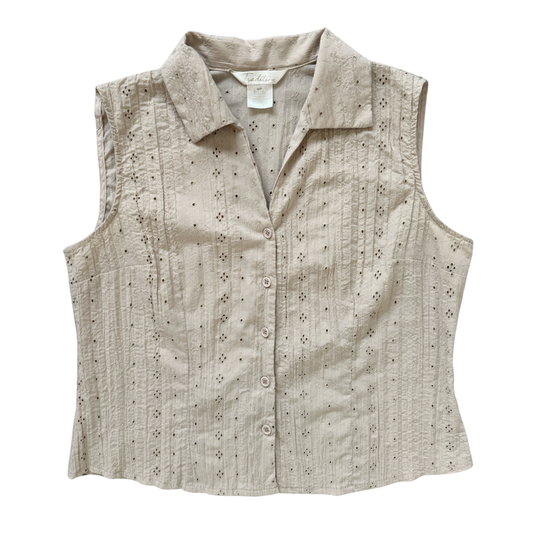 Vintage 90s Y2K Tradition Beige Sleeveless Eyelet Blouse | Large