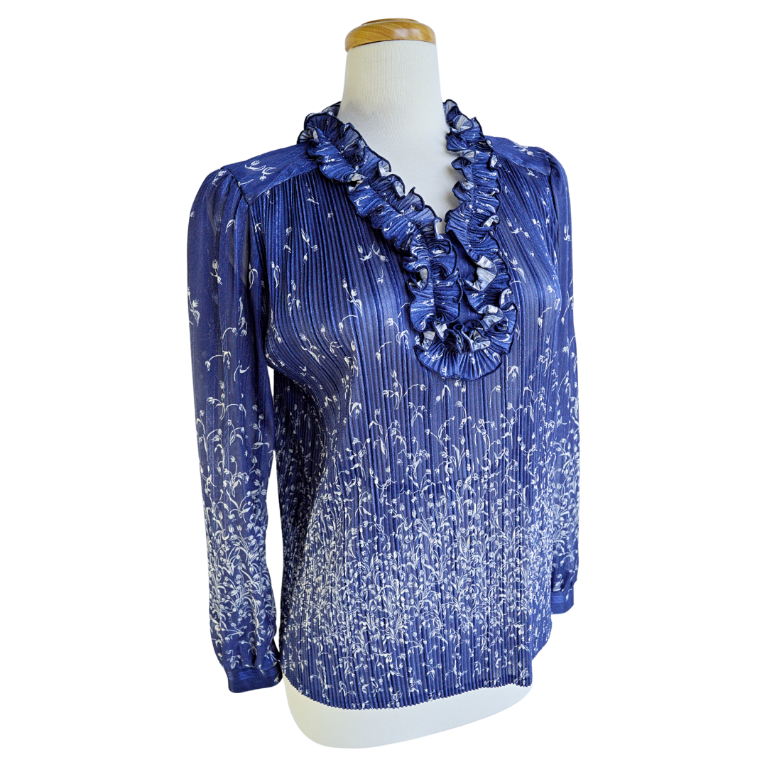 D'Allaird's Blue Ruffled Neck Pleated Floral Blouse | Medium