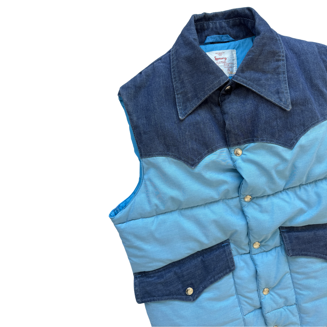Sprung Blue Puffer Vest with Denim Details | Medium