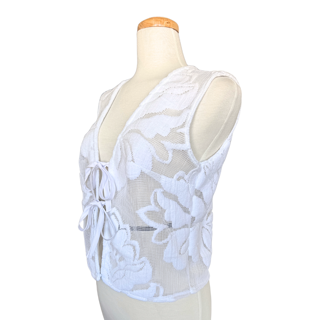 Recycled White Lace and Terry Floral Tie-Front Vest | Medium