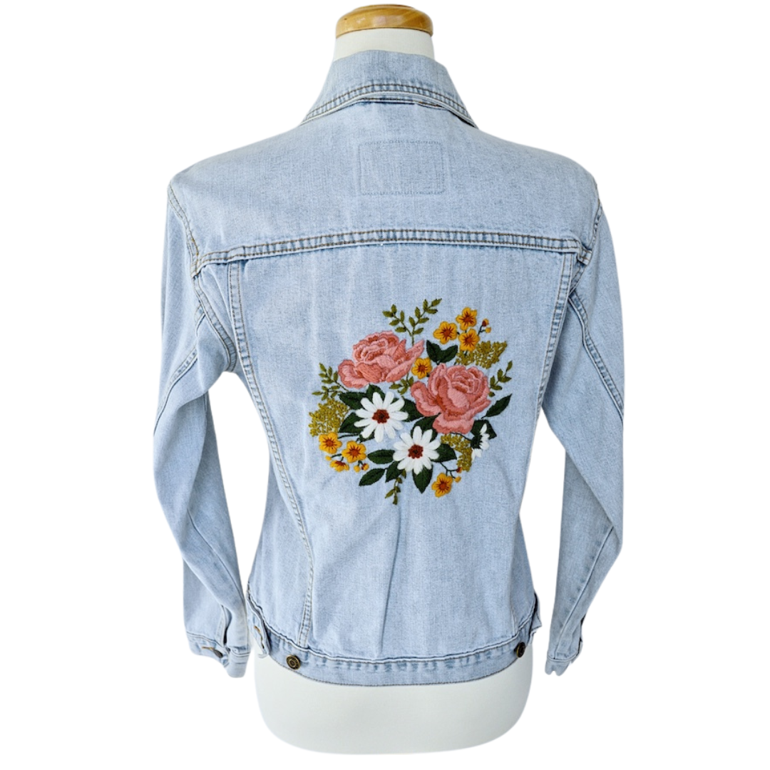 Up-cycled Hand Embroidered Denim Jacket with Roses, Daisies and Foliage (Vintage Embroidery) | Small