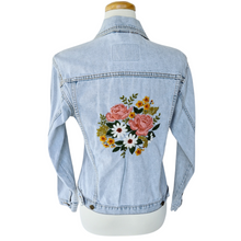 Load image into Gallery viewer, Up-cycled Hand Embroidered Denim Jacket with Roses, Daisies and Foliage (Vintage Embroidery) | Small
