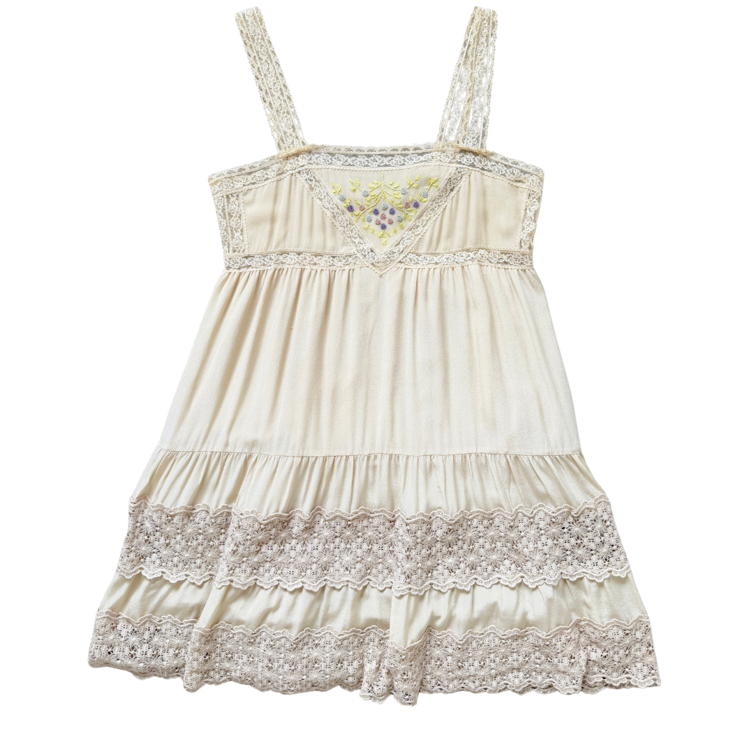 SASS Lace Trim Silk Dress with Crochet and Embroidered Floral Detail | Small - Medium 