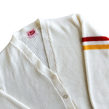 Load image into Gallery viewer, 70s White Cardigan with Red and Yellow Shoulder Stripes | Small-Medium
