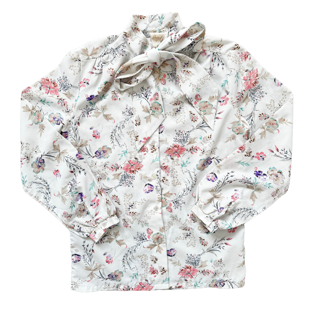 Vintage 70s - 80s Sears Floral Tie-Neck Blouse | Medium