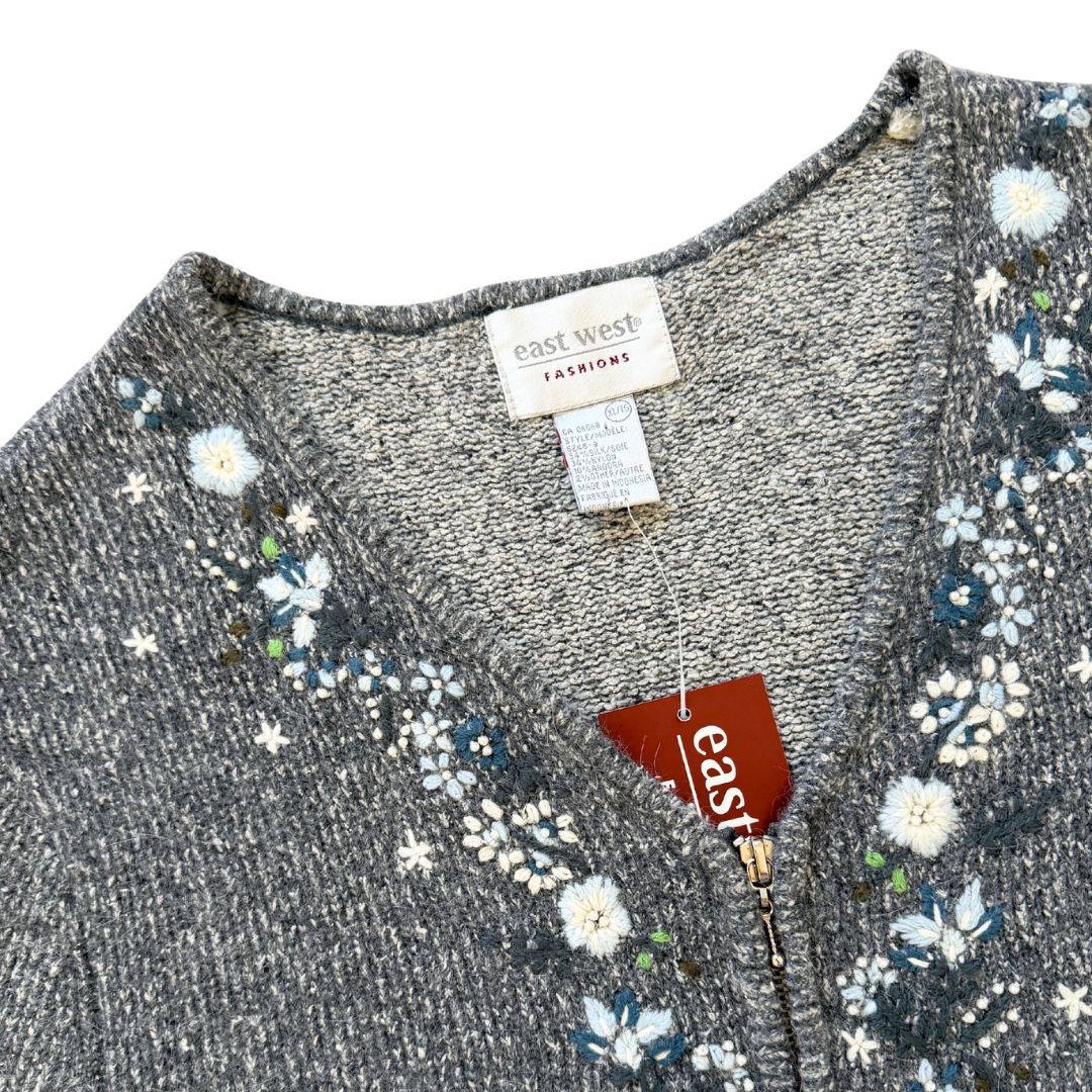 East West Grey Silk Blend Cardigan with Floral Embroidery | Extra-Large
