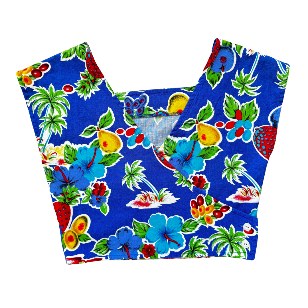 Vintage 80s-90s Bright Tropical Fruit Sleeveless Wrap Blouse | Extra-Small / Small