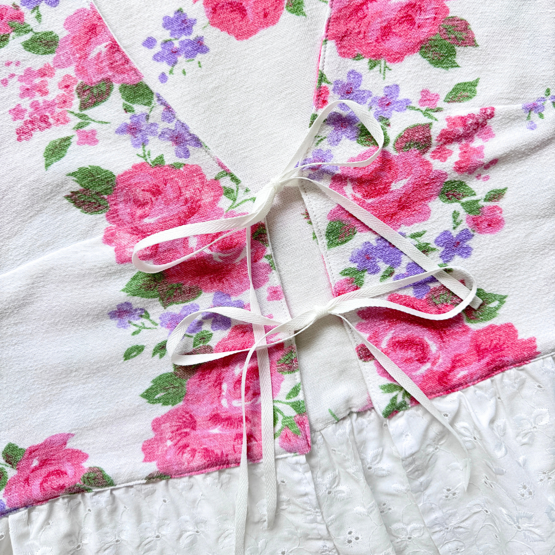 Recycled Pink Floral and White Eyelet Tie-Front Vest | Medium