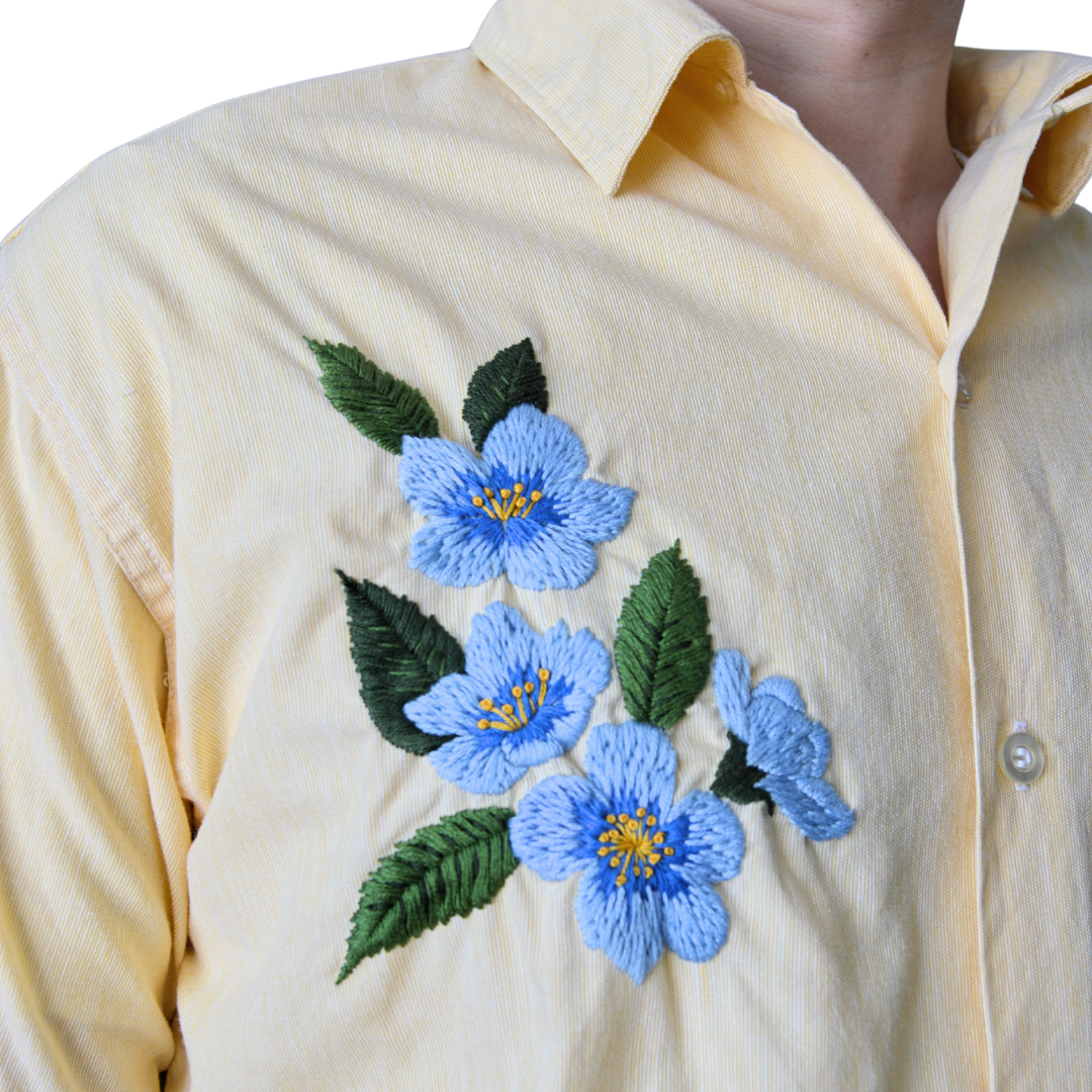 Men's Up-Cycled Hand Embroidered Forget-me-not Oxford Shirt | Large