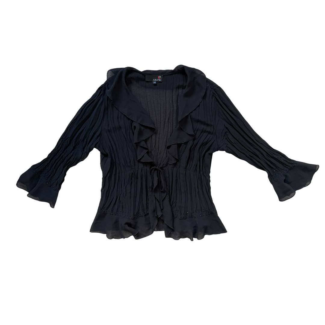 Vintage Y2K Laura Sheer Black Ruffled Blouse with Beaded Detail | Large