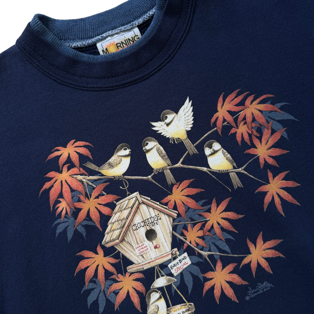 Morning Sun Navy Chickadee Graphic Sweatshirt | Large