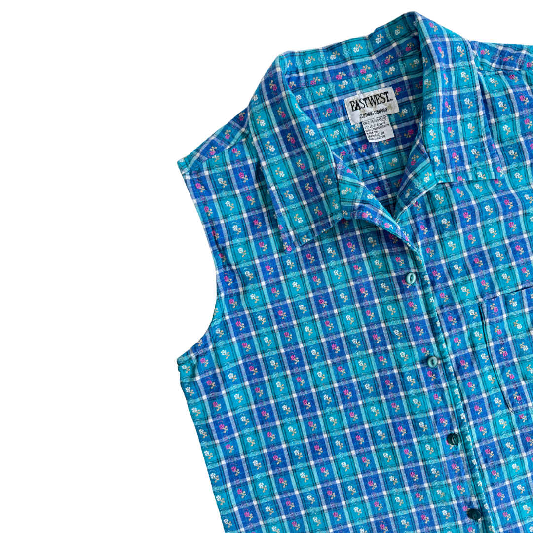 Teal Floral Plaid Sleeveless Blouse | Medium-Large