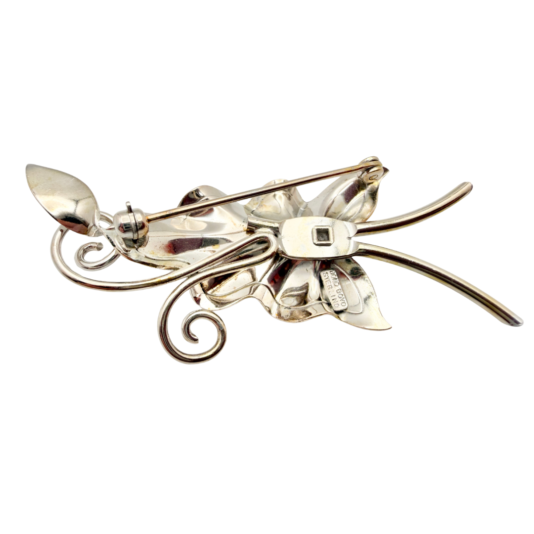 40s-50s Bond Boyd Sterling Silver Leaf Brooch with Purple Marquise Rhinestone