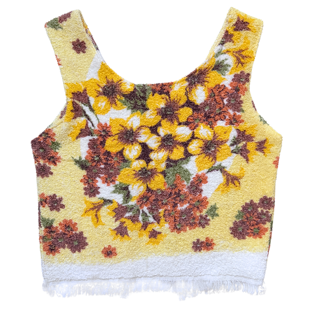 Recycled Vintage Yellow and Brown Floral Towel Vest | Small