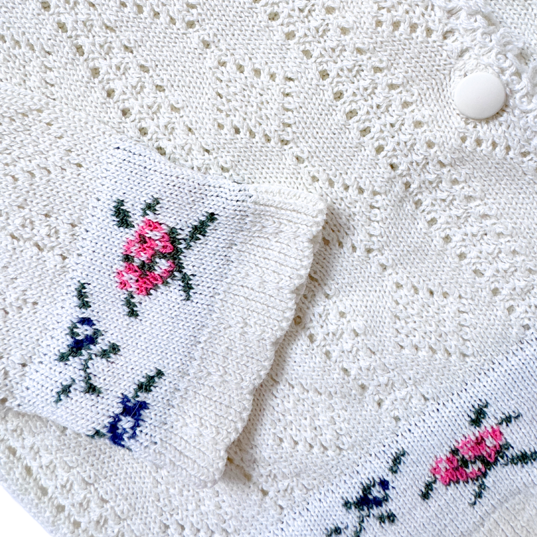 Two Roads White Cardigan with Floral Trim | Small -Medium
