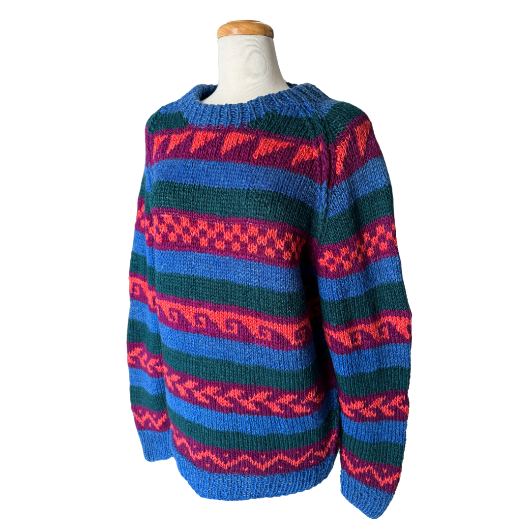 Blue, Orange, Purple and Green Abstract Print Wool Sweater | Large / Extra-Large