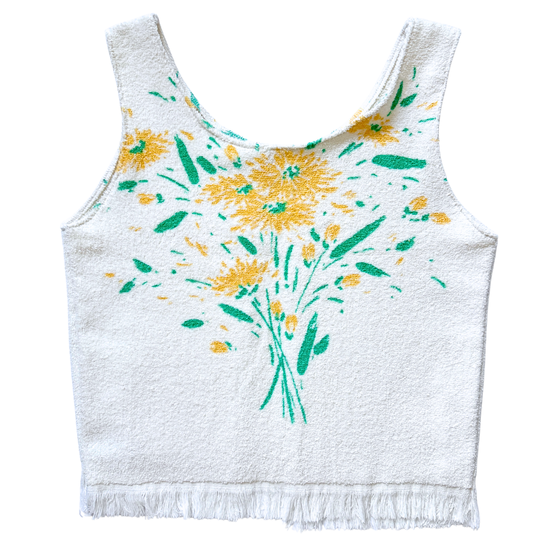 Recycled Vintage White Towel Vest with Yellow Floral Print | Medium