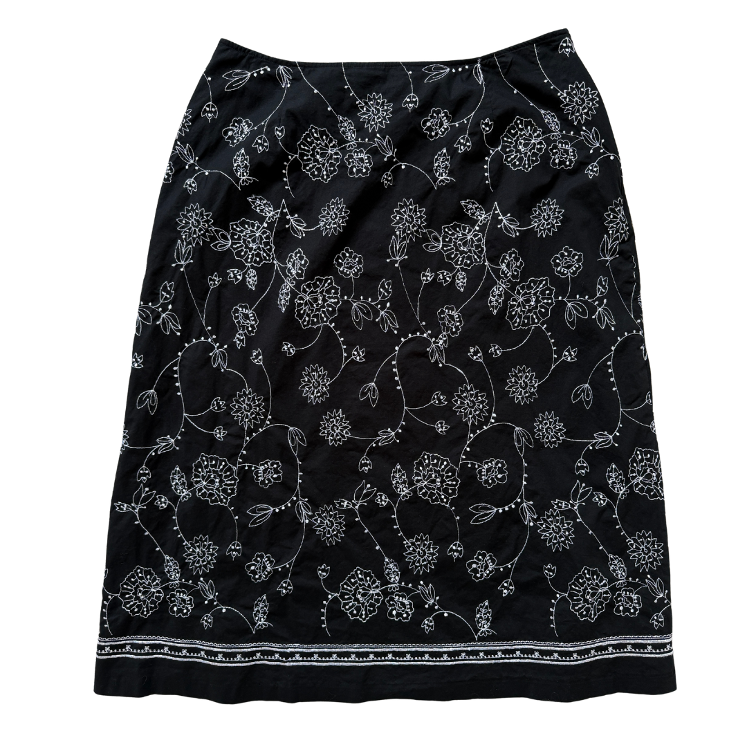 Vintage 90s Y2K Nygard Collection Black Maxi Skirt with White Embroidered Floral | Large / Extra-Large